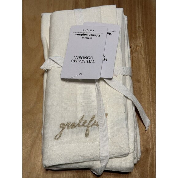 NWT WILLIAMS SONOMA THANKSGIVING Grateful  DINNER NAPKINS SET OF FOUR 100%LINEN - Picture 1 of 4